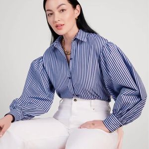 Kate Spade Pastry Stripe Carrie Shirt blue aqua Stripe Puff Sleeve blouse 12 L